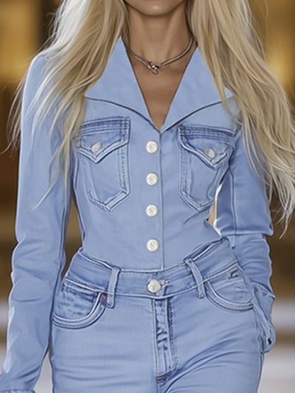 Fashionable Patchwork Collar Light-Colored Denim Long-Sleeved Jumpsuit