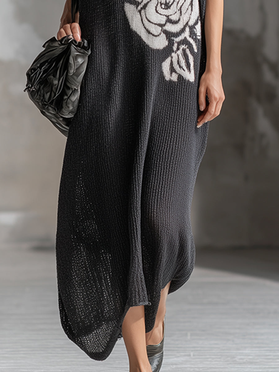 Elegant Dark Gray Floral Pattern Lightweight Knitted Short-sleeved Maxi Dress