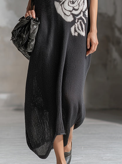 Elegant Dark Gray Floral Pattern Lightweight Knitted Short-sleeved Maxi Dress