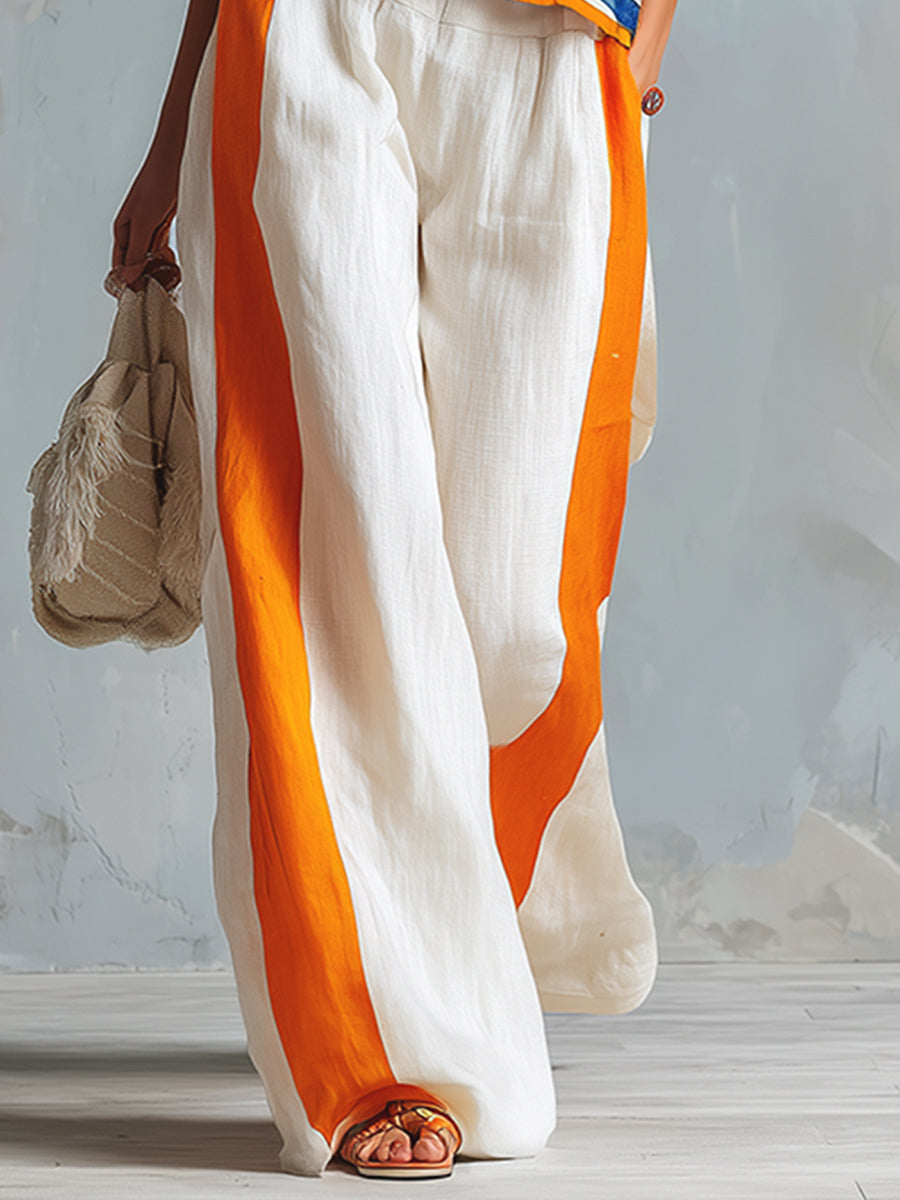 Casual Urban Style Contrast-Trimmed White T-Shirt &amp; Wide-Leg Pants Cotton-Linen Set