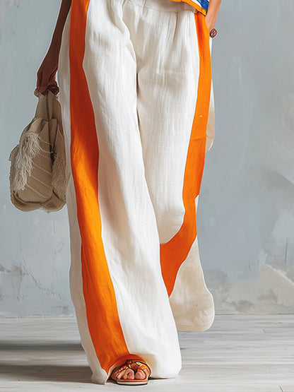 Casual Urban Style Contrast-Trimmed White T-Shirt &amp; Wide-Leg Pants Cotton-Linen Set
