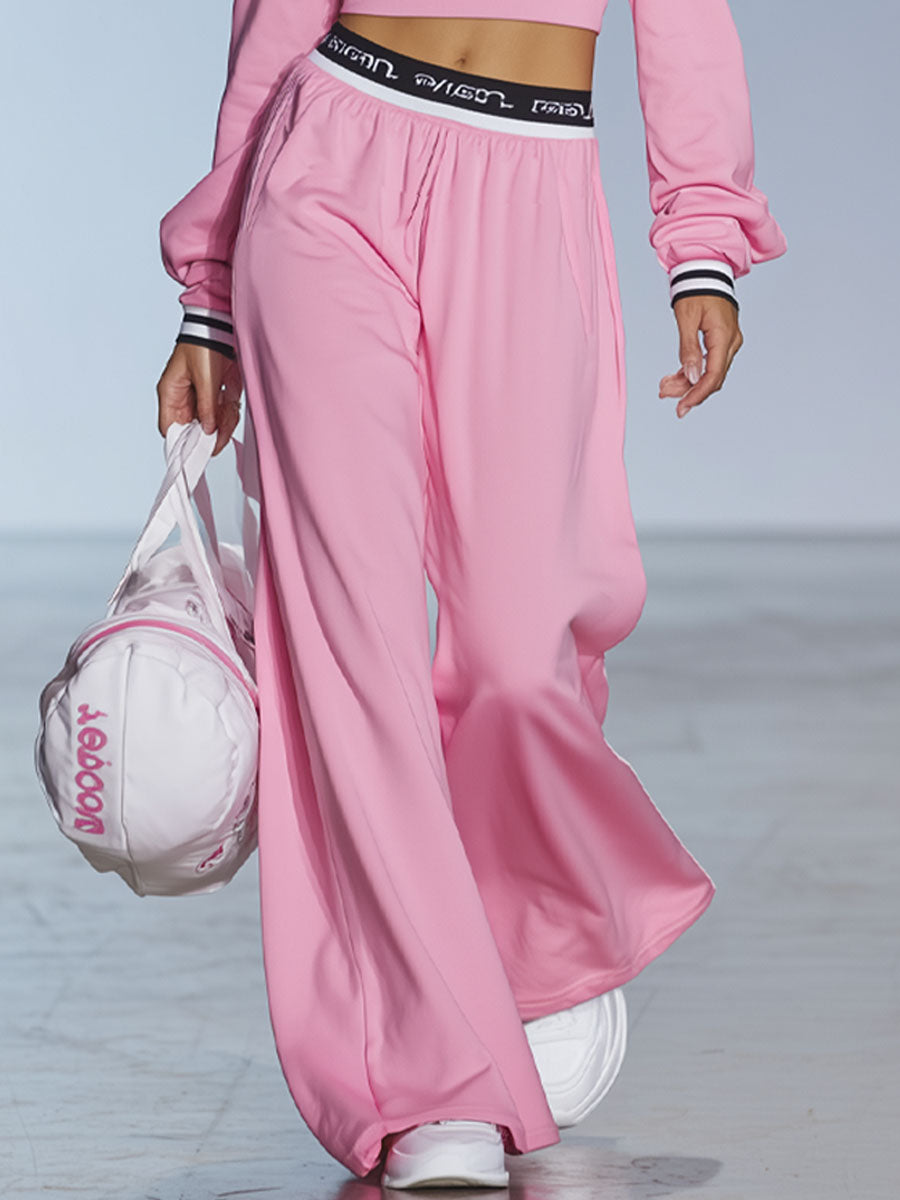 Sporty Style Boat Neck Long-sleeved Top And Wide-leg Pants Set