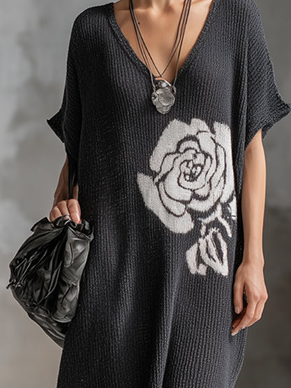 Elegant Dark Gray Floral Pattern Lightweight Knitted Short-sleeved Maxi Dress