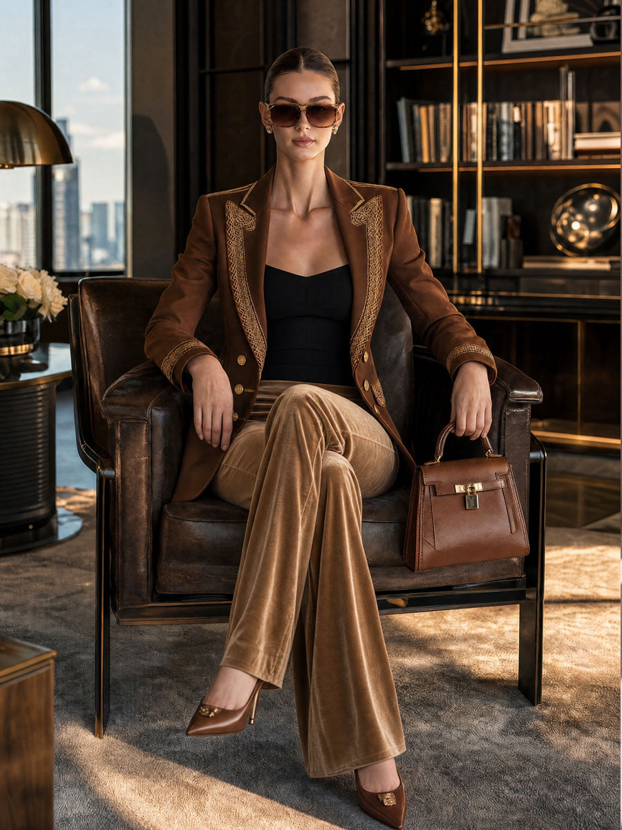 Simple And Elegant Gold-threaded Brown Blazer