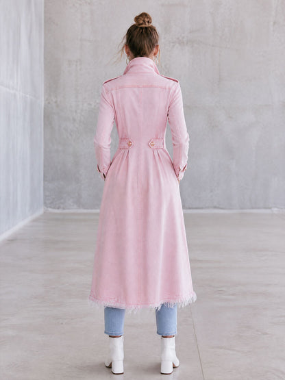 Fashionable Retro-style Frayed Pink Faded Denim Military-style Coat