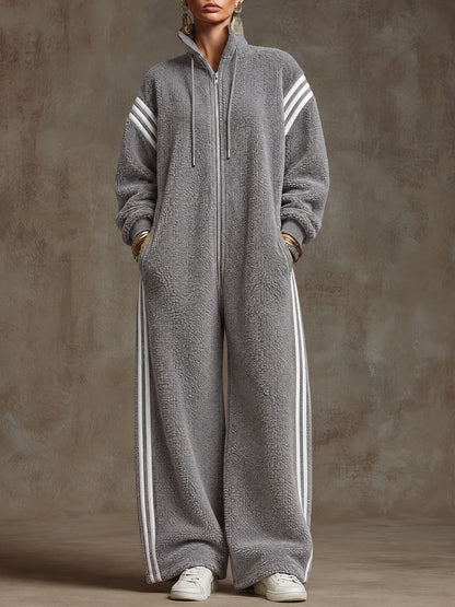 Casual Loose-fitting White Striped Gray Fleece Zip-up Jumpsuit