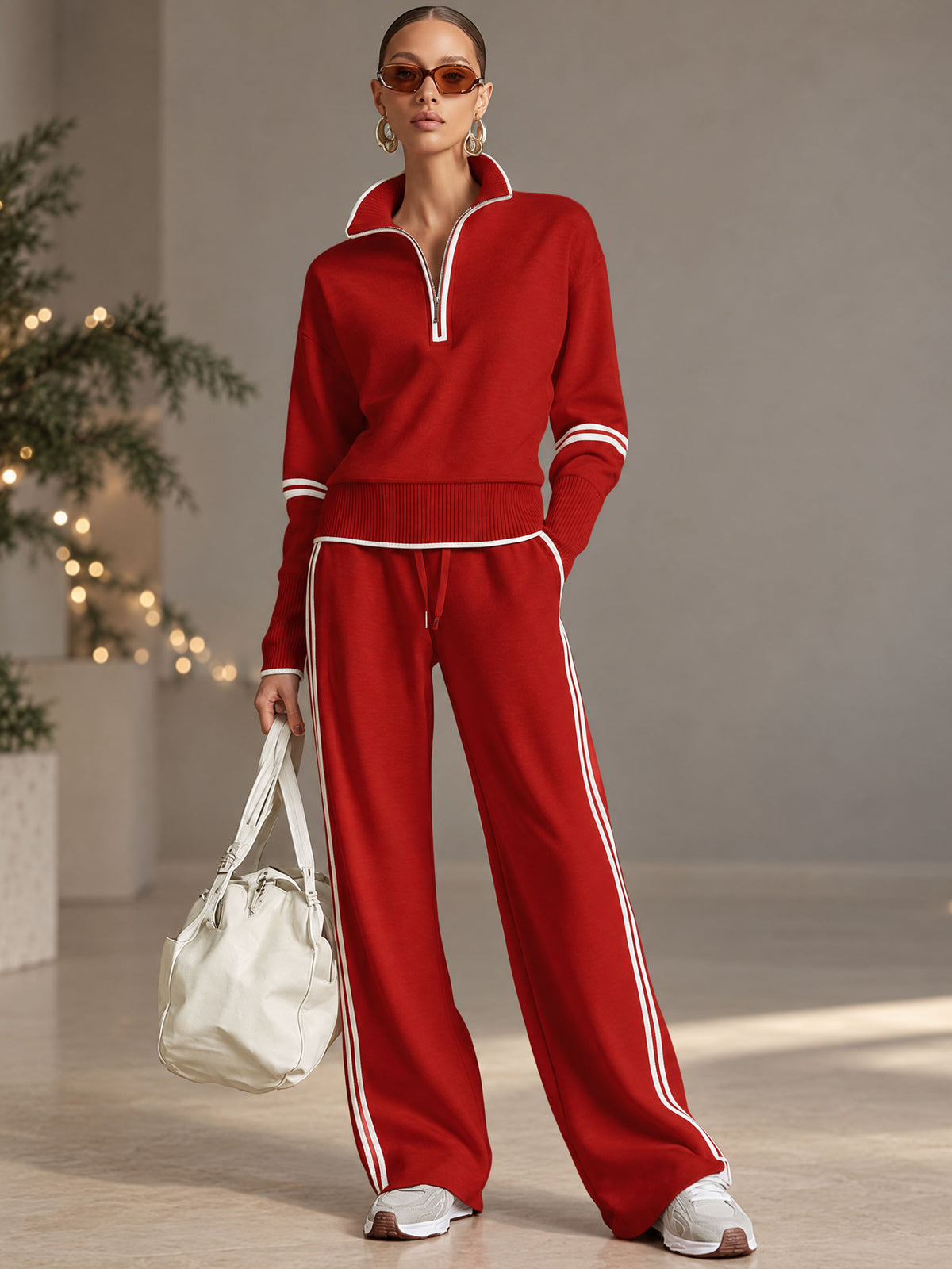 Retro Sporty Webbing Grey-white Half-zip Sweatshirt And Wide-leg Pants Set