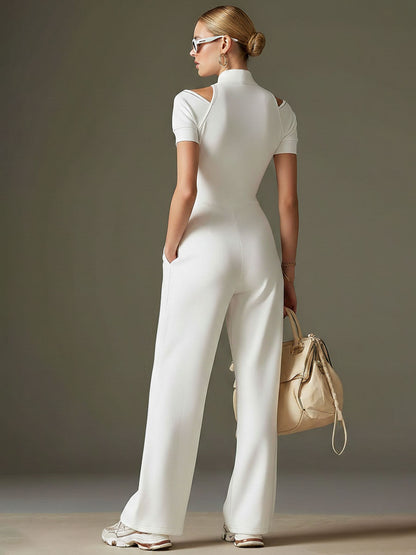 Sporty Retro Short-sleeved Openwork Ribbon White Cotton Blend Wide-leg Jumpsuit
