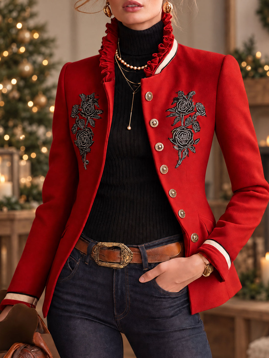 Ruffled Stand-up Collar Single-breasted Rose Embroidered Jacket