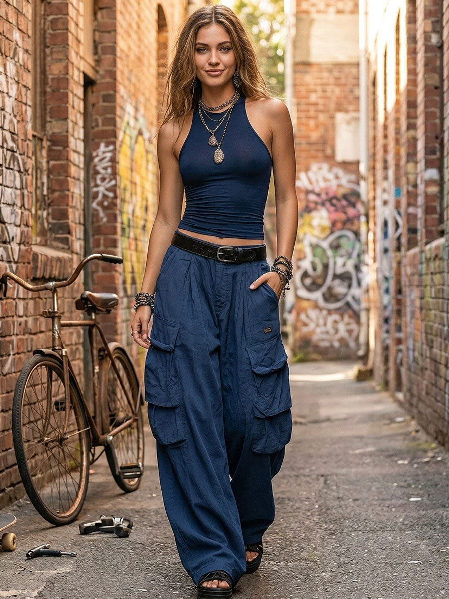 Casual Retro Navy Blue Vest And Cotton Linen Work Pants Set