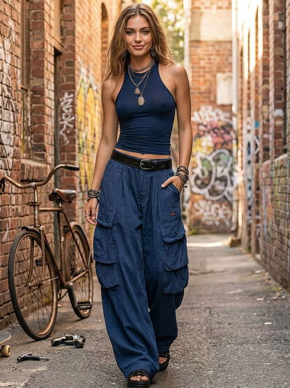 Casual Retro Navy Blue Vest And Cotton Linen Work Pants Set
