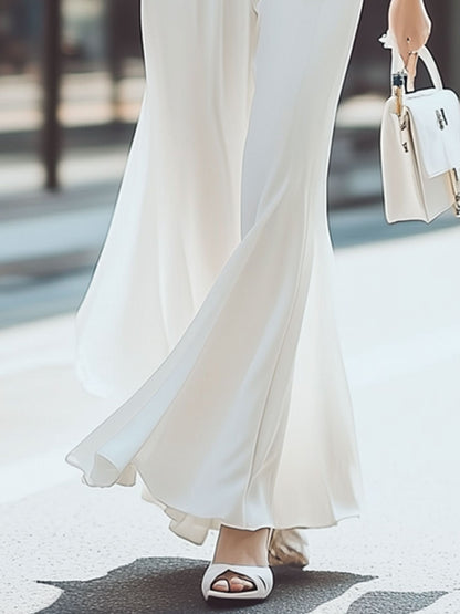 Fashion Holiday White Chiffon High Waist Flared Pants