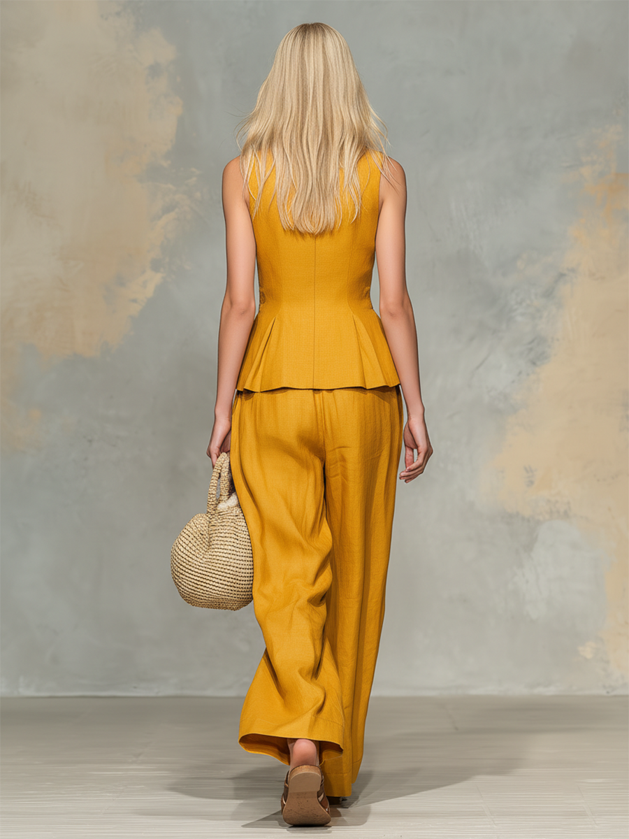 Retro Casual Stand-collar Sleeveless Button-up Top And Trousers Set.