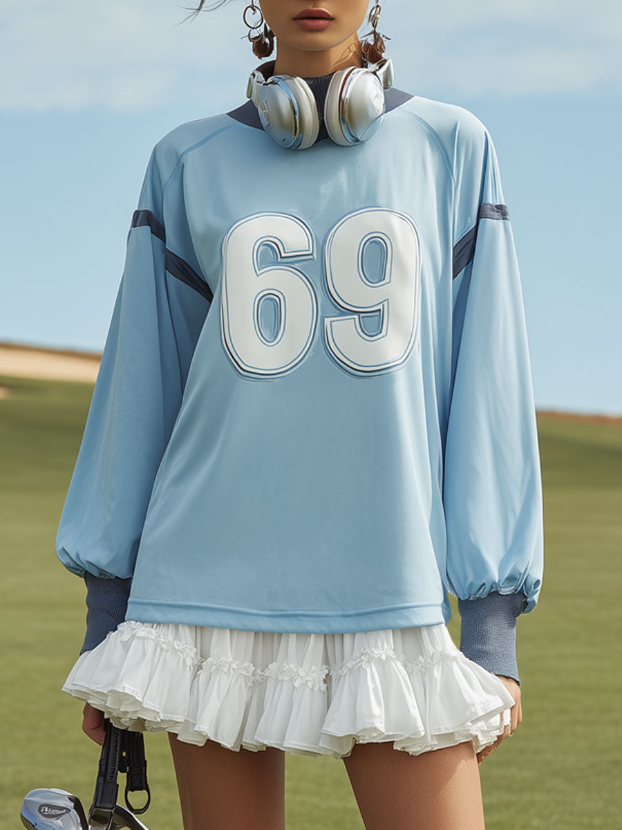 Fashionable Sporty Letter Long-Sleeve Blue T-Shirt And Ruffled Skirt Set