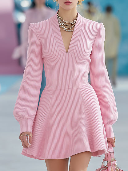 Stylish Pink Ribbed Knit V-neck Mini Dress