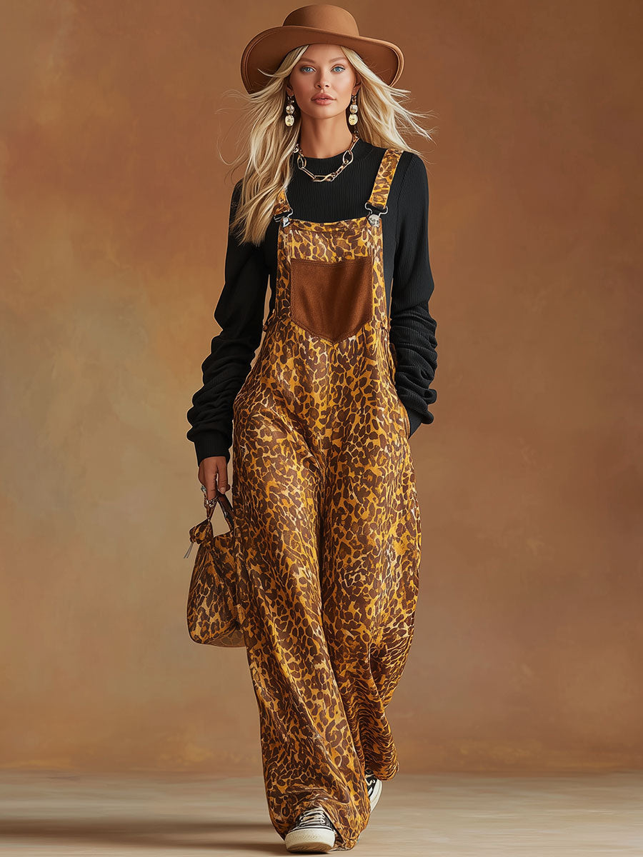 Stylish And Casual Yellow Leopard Print Overalls