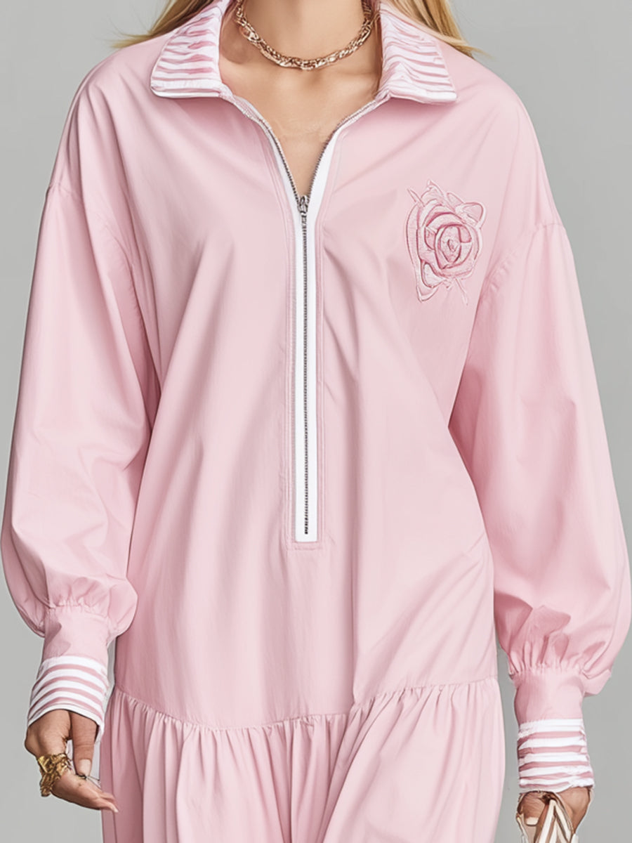 Casual Pink Zip-up Striped Rose Embroidered Maxi Dress