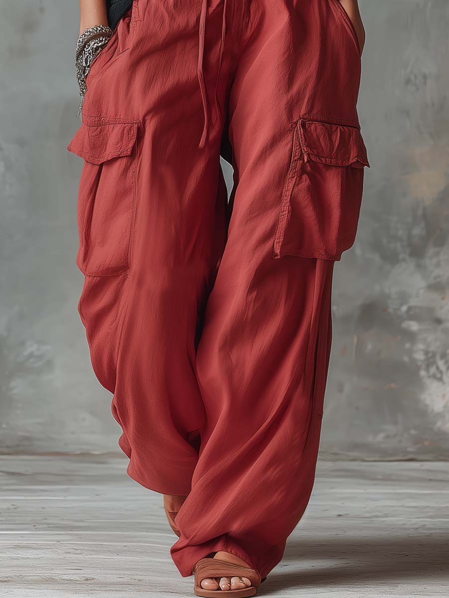 Retro Casual Workwear Style Red Cotton Pants Set