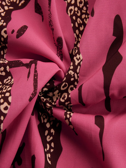 Casual Loose Rose Red Chiffon Leopard Print Long-Sleeved Jumpsuit