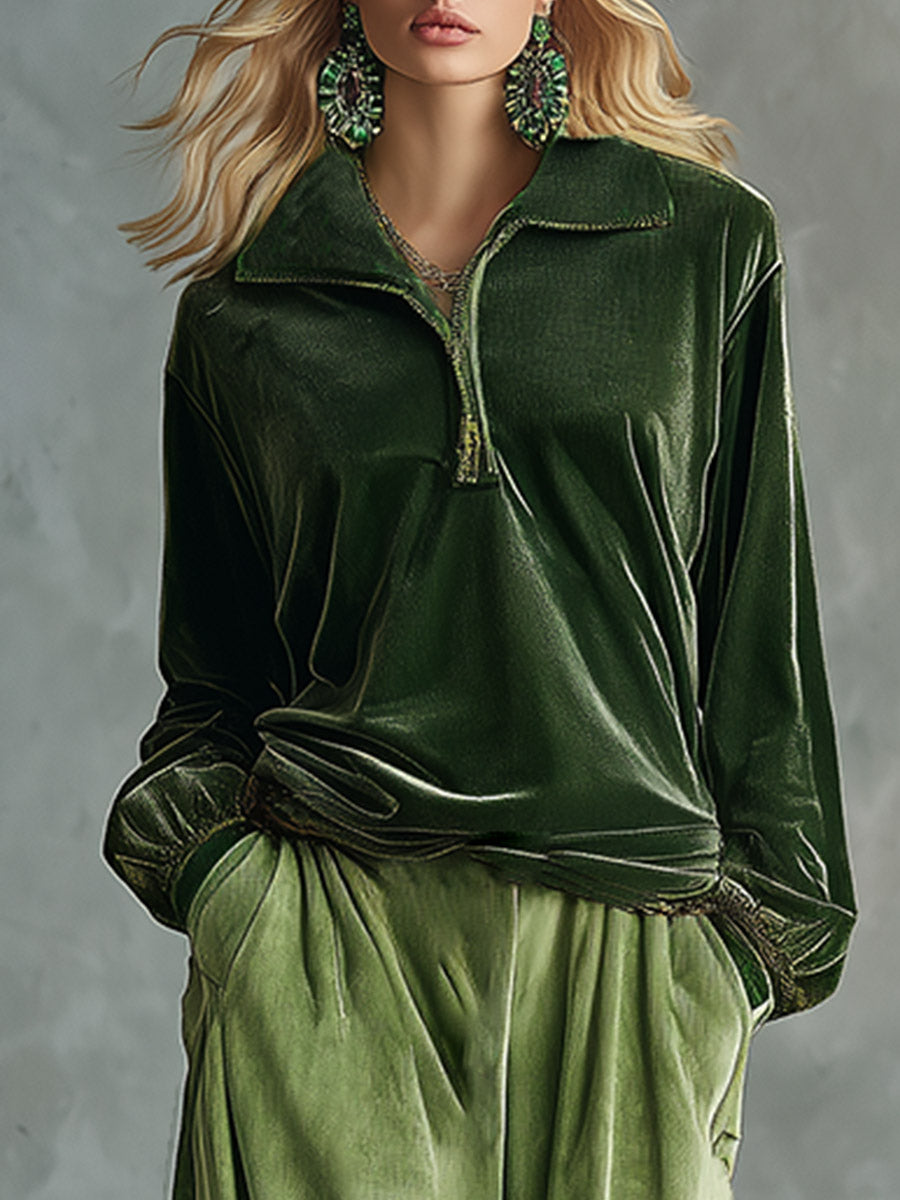 Trendy Retro Sporty Green Velvet Top