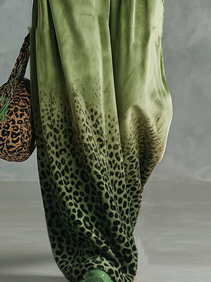 Green Leopard Print Velvet Trousers