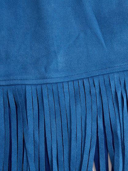 Retro Western Style Zippered Collar Blue Fringed Faux Suede Mini Dress