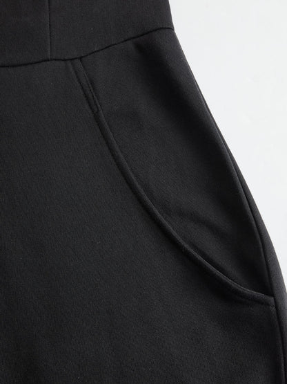 Sporty Retro Lace Striped Black Sleeveless Hooded Jumpsuit