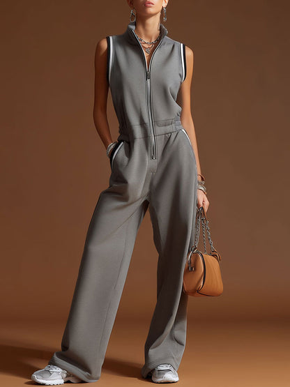 Casual Sporty Retro Dark Gray Cotton Blend Zipper Sleeveless Jumpsuit