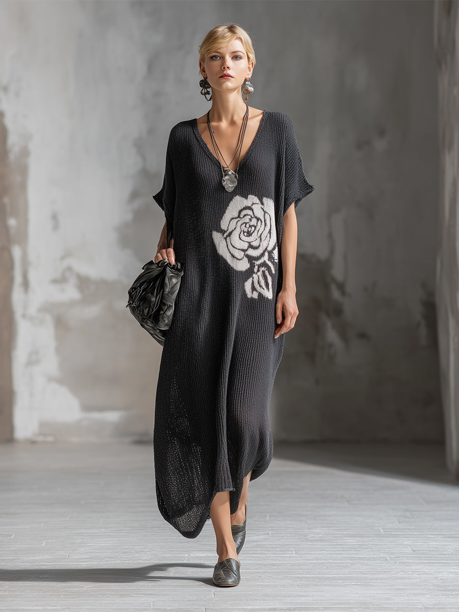 Elegant Dark Gray Floral Pattern Lightweight Knitted Short-sleeved Maxi Dress
