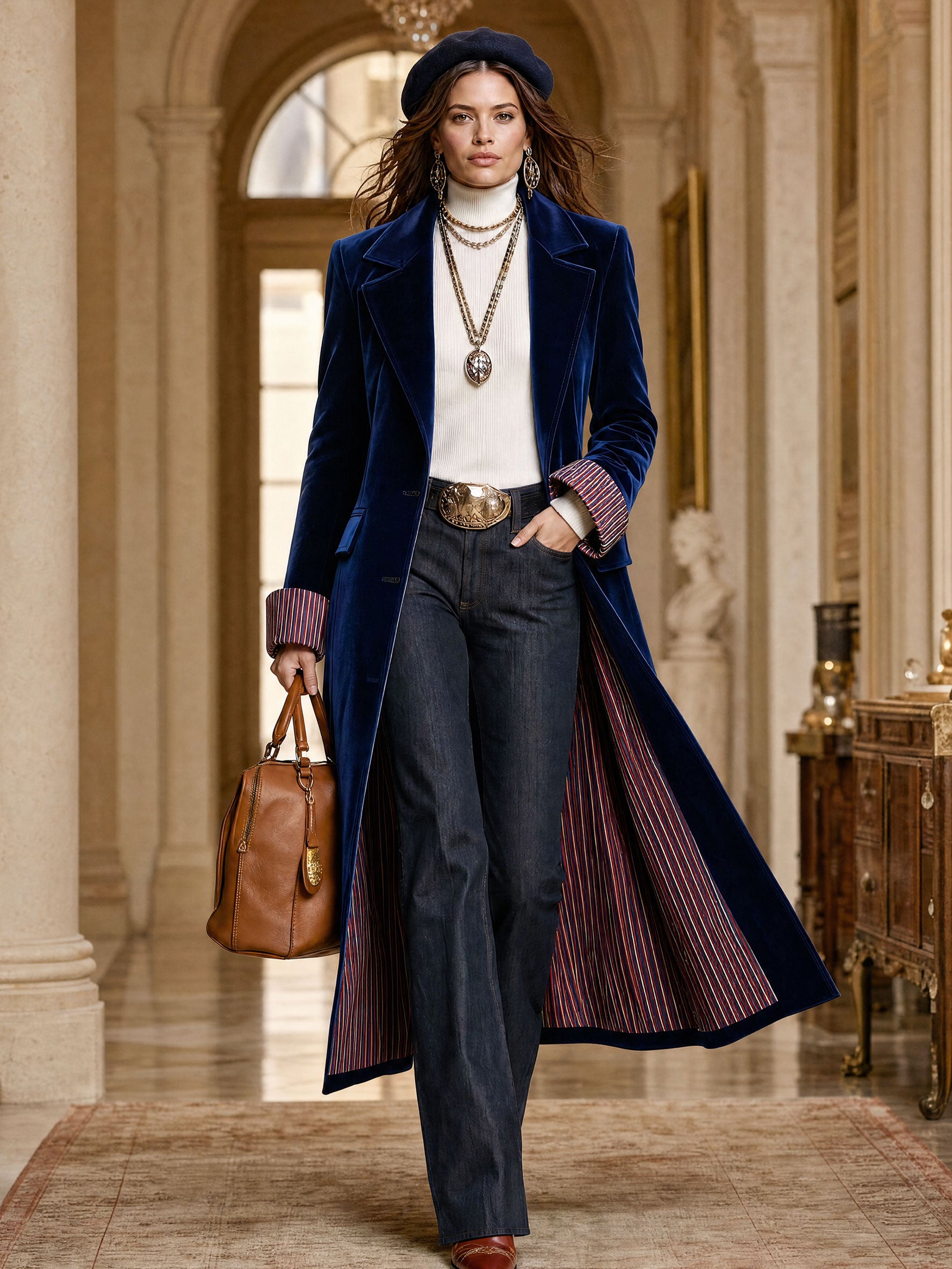 Fashionable Retro Striped Patchwork Royal Blue Velvet Mid-length Coat
