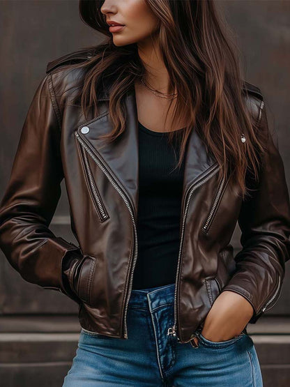 Fashion Retro Lapel Zipper Pocket Leather Cropped Jacket