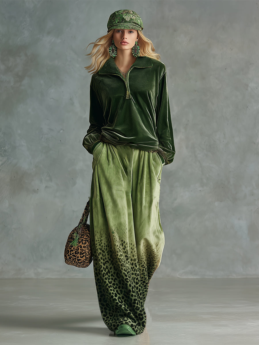 Trendy Retro Sporty Green Velvet Top And Leopard Print Wide-leg Pants Set