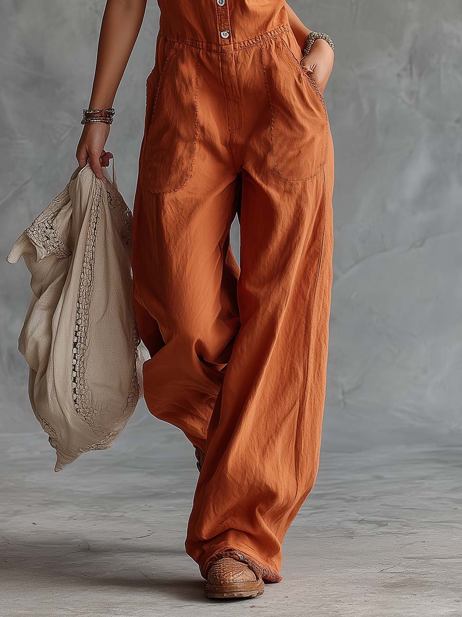 Casual Fashion Western V-neck Front-button Sleeveless Rust-orange Denim Jumpsuit