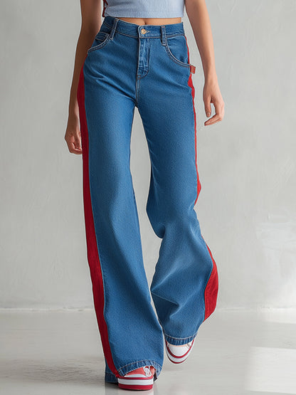 Casual Color-blocked Blue Straight-leg Jeans