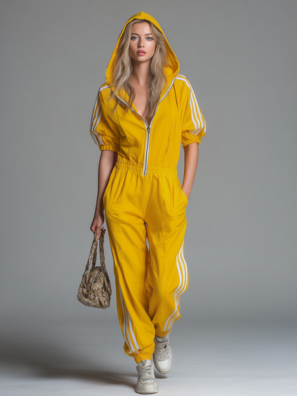 Athletic Casual Hooded Zippered Short-sleeved Jumpsuit