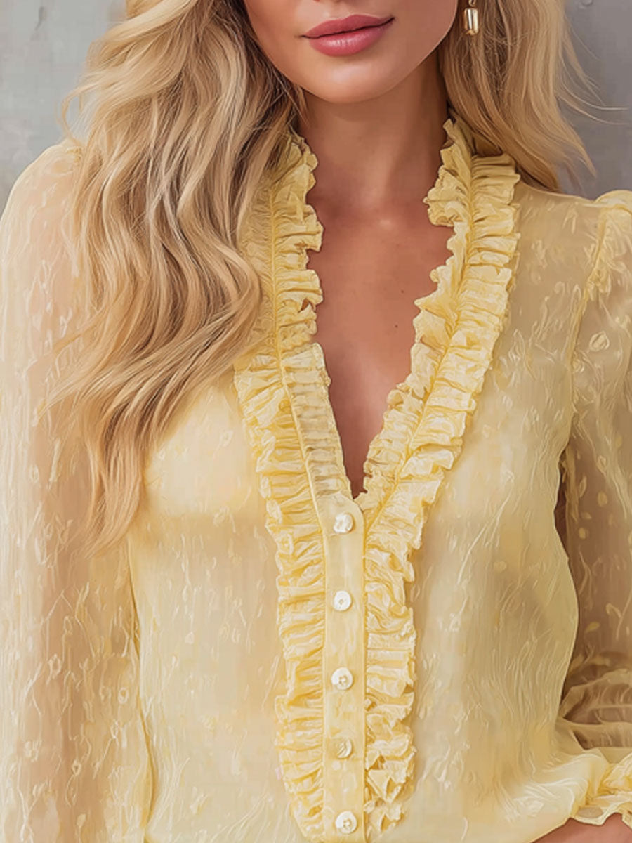 Vintage Printed V-neck Button-down Chiffon Long-sleeved Shirt