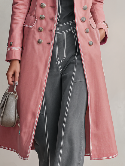 American Vintage Double-breasted Metal-button Contrast-stitch Long Denim Trench Coat