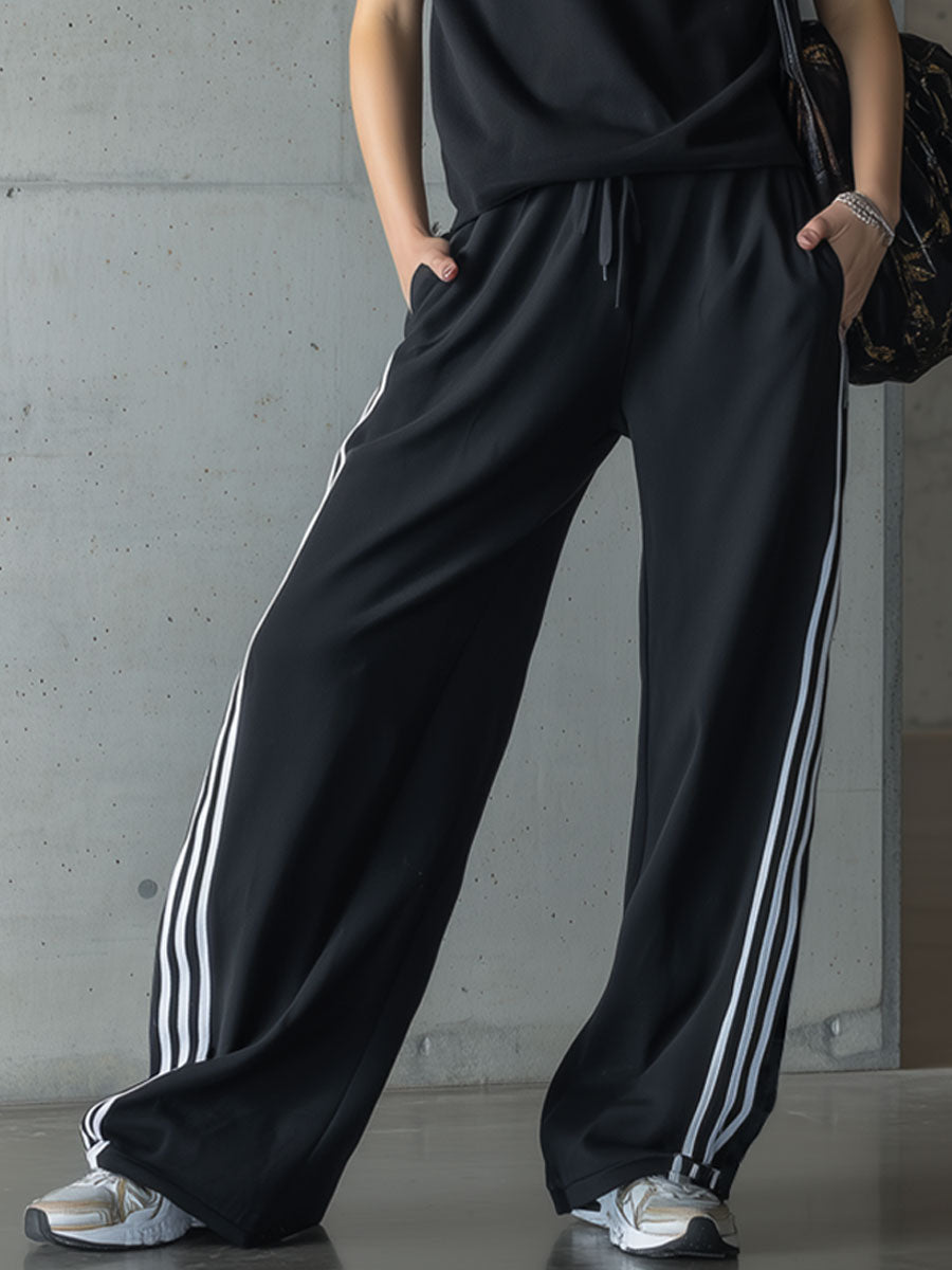 Sporty Retro Three-stripe Black Sleeveless Hooded Sweatshirt And Wide-leg Pants Set