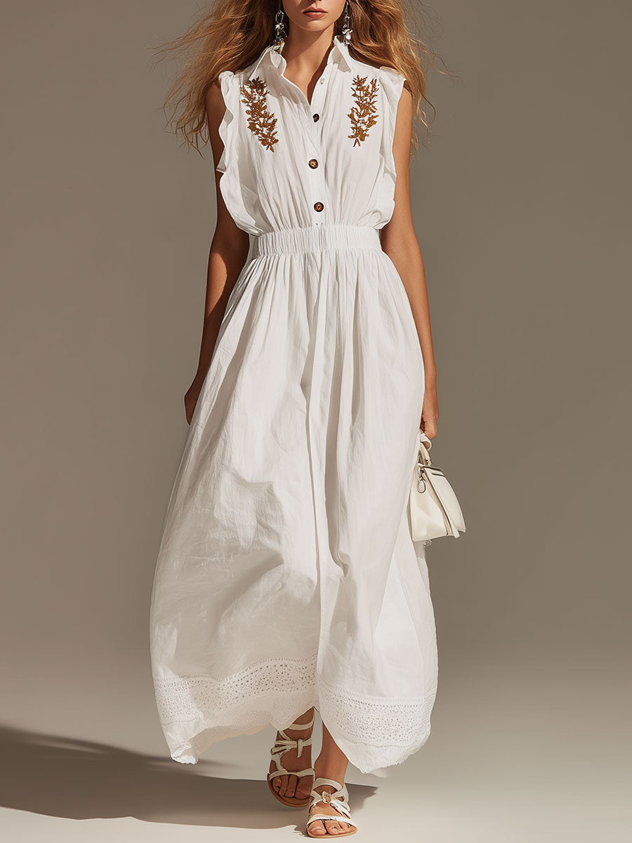 Elegant Vintage-style Embroidered White Sleeveless Cotton-blend Maxi Dress