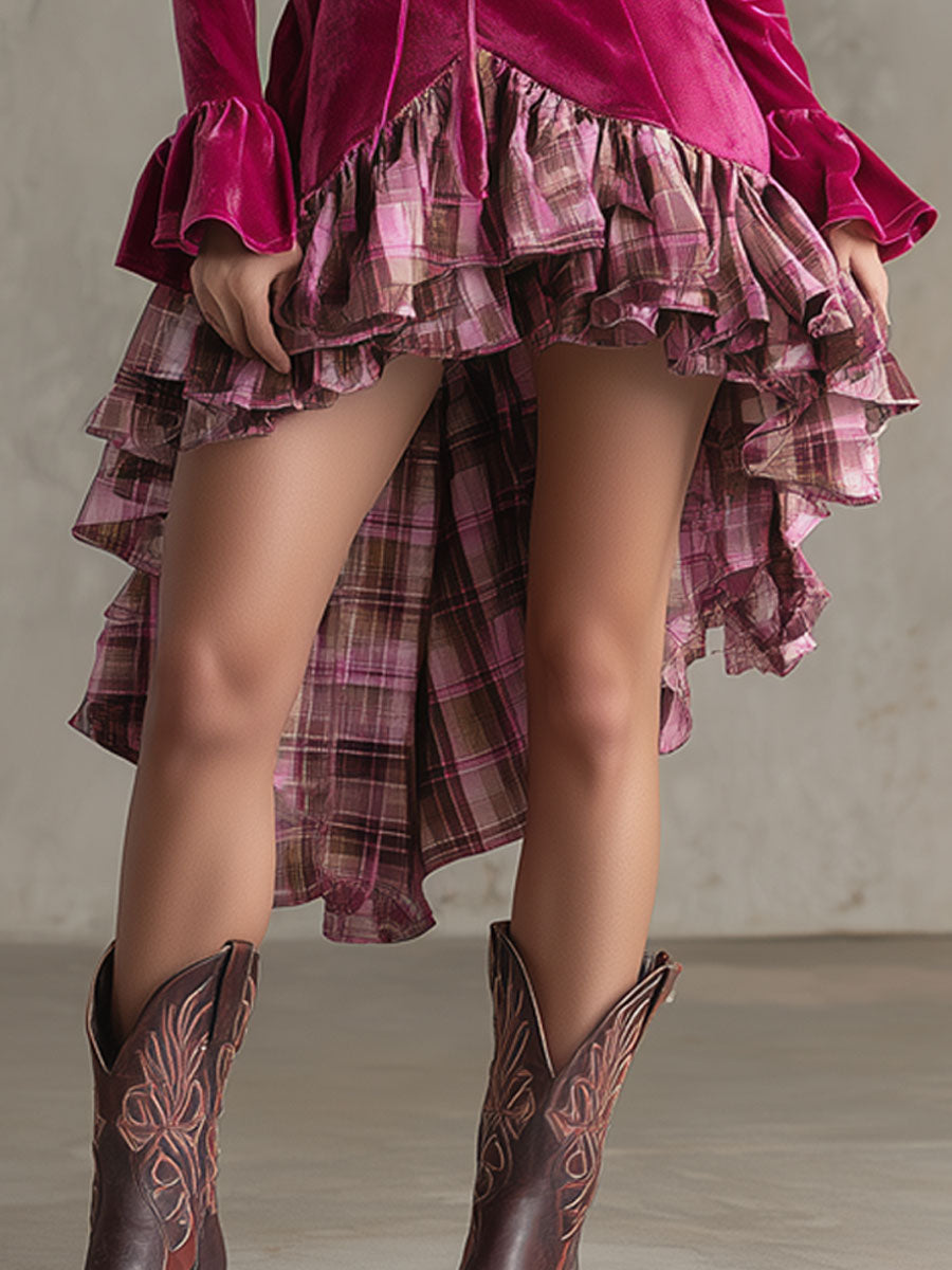 Fashionable Retro Rose Red Velvet Plaid Ruffled Irregular Midi Dress