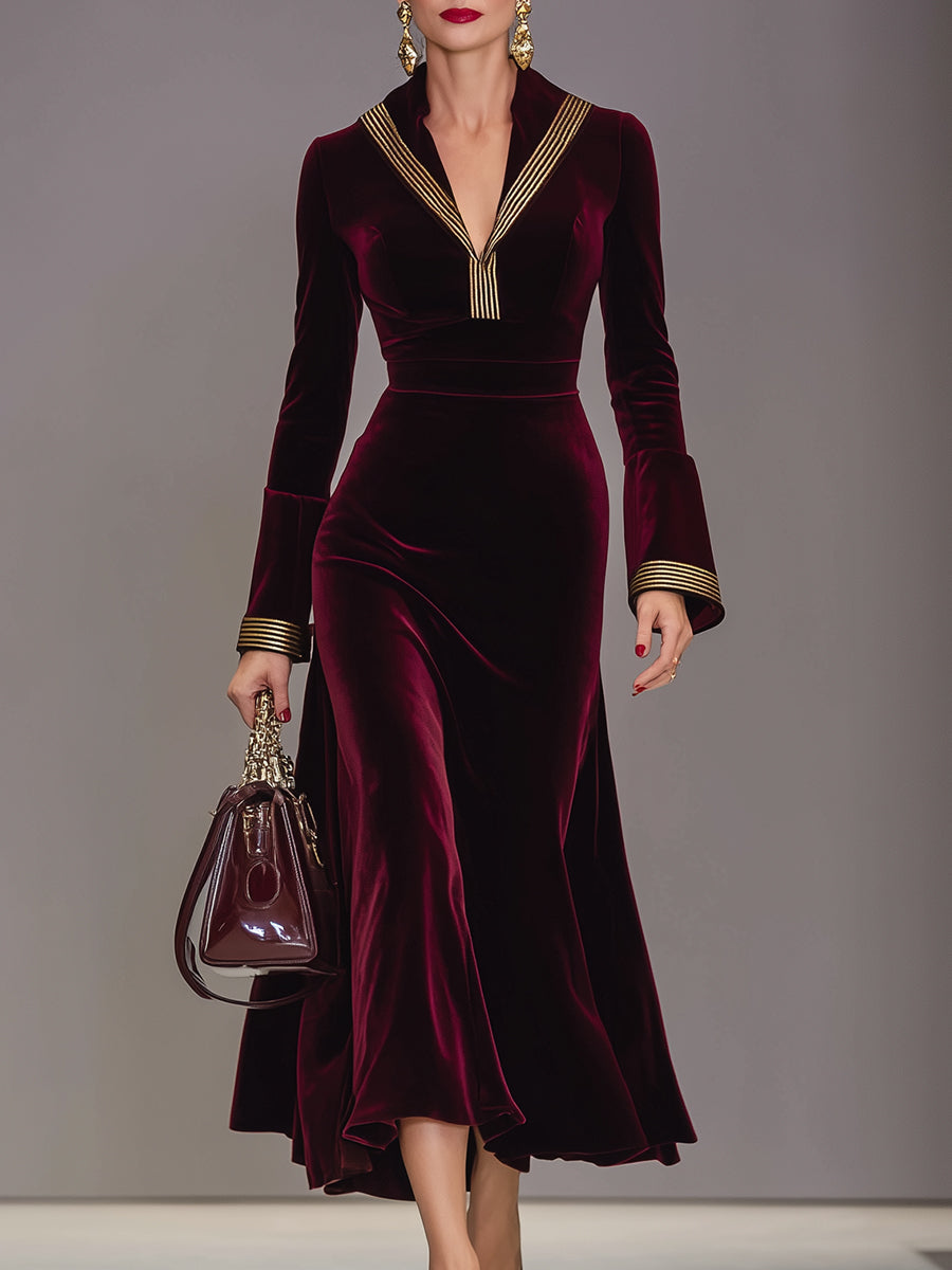 Elegant Angolan Red Velvet Patchwork Gold Ribbon Midi Dress