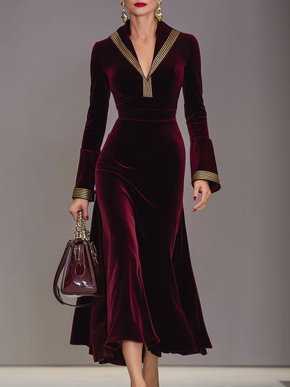 Elegant Angolan Red Velvet Patchwork Gold Ribbon Midi Dress