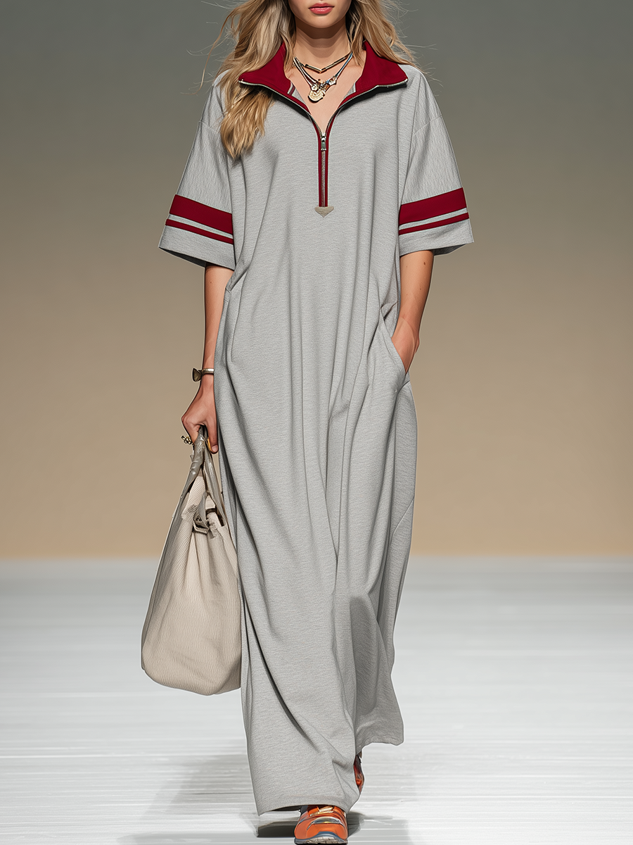 Sporty Retro Color-blocked Trim Zip-up Collared Short-sleeved Maxi Dress