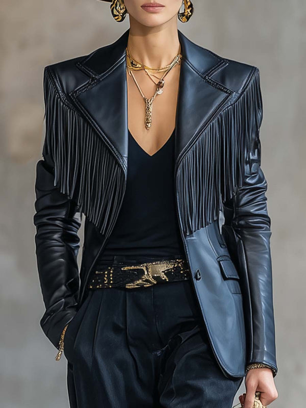 vintage-fashion-handsome-notch-lapel-shoulder-tassel-decoration-black-leather-x-shaped-blazer - Oyrosy