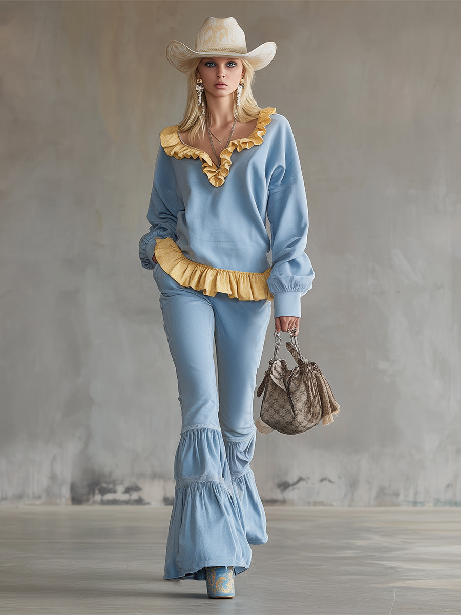 Stylish And Refreshing Blue Sweatshirt And Flared Pants Tracksuit