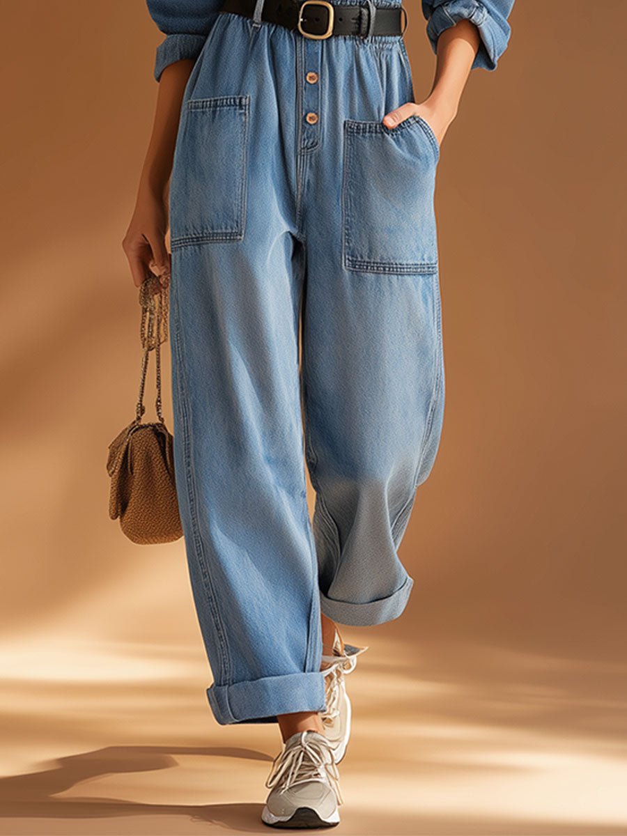 Casual Retro Lapel Button-up Blue Denim Long-sleeved Jumpsuit