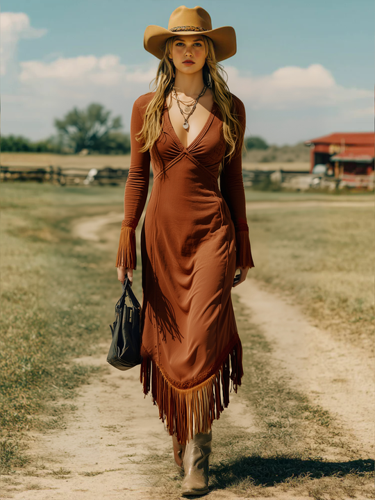 Western Retro Brick Red Cotton Long Sleeve Tassel Maxi Dress
