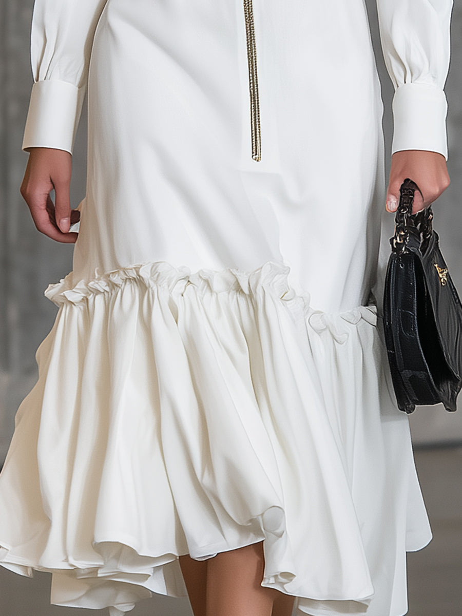 Elegant White Cotton And Linen  With Zipper And Ruffle Details Midi Dress