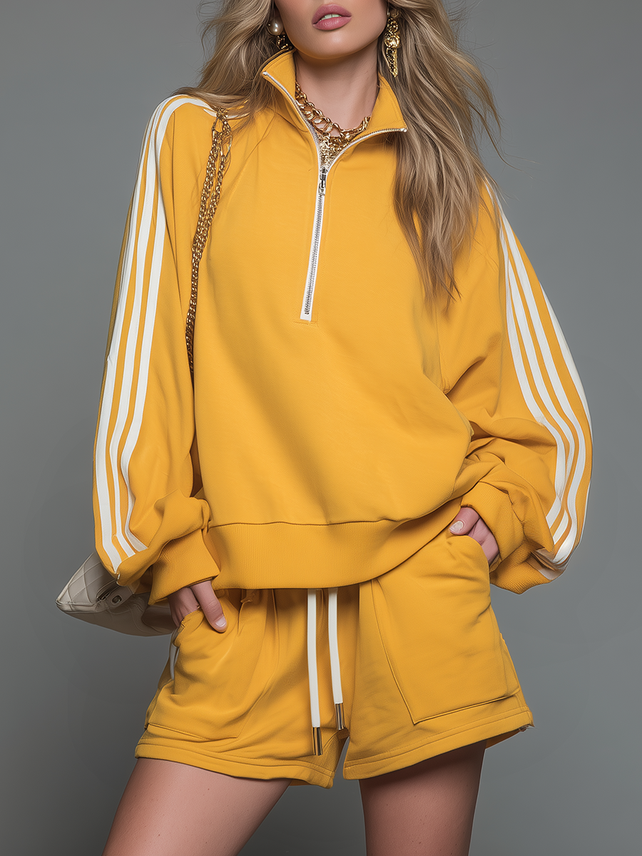 Sporty Casual Collared Zip-up Long-sleeved Top And Shorts Set