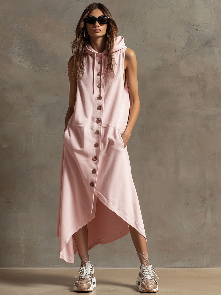 Sporty Retro Sleeveless Pink Hooded Cardigan Dress With Asymmetrical Midi Length